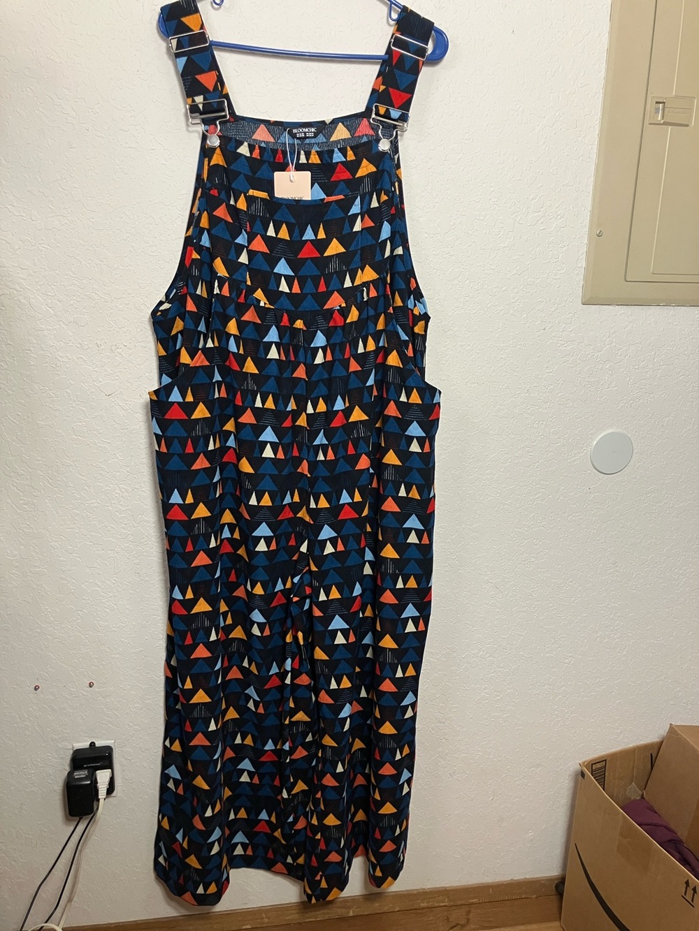BloomChic Black Overalls with Blue, Red & Yellow Triangle Print